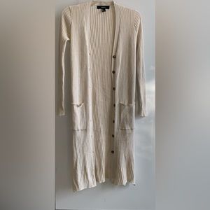 Forever 21 Cream / Beige Long Cardigan Sweater With Brown Buttons - Size Small